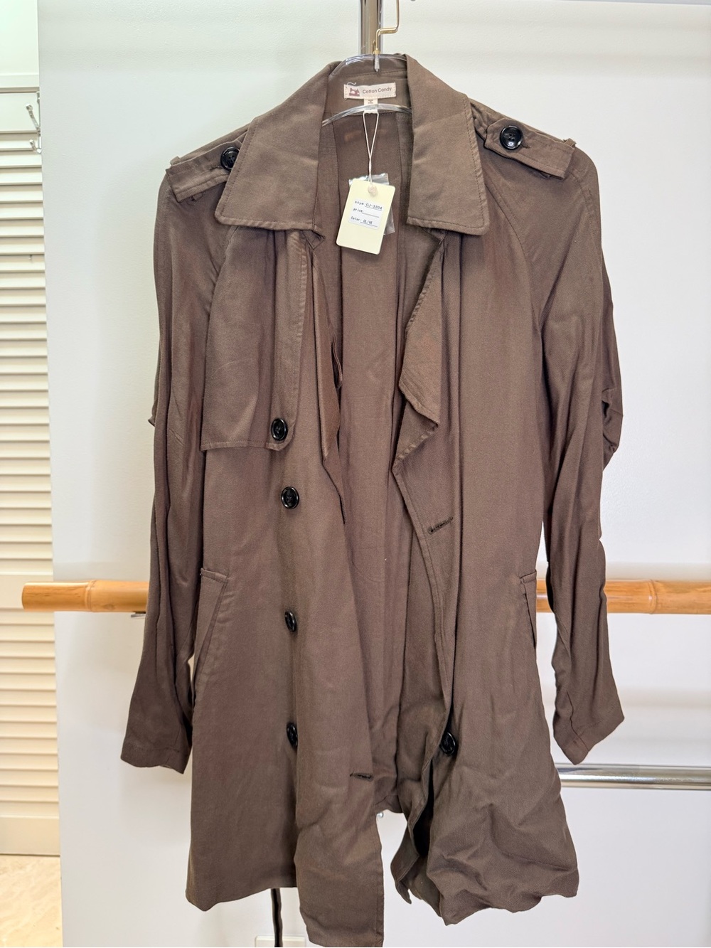 Cotton Candy Olive Brown Lightweight Trench Coat Size Small NWT Belted Jacket